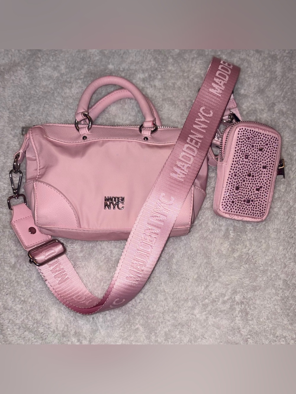 Mini pink Madden NYC Crossbody Satchel with Detachable Strap and Pouch